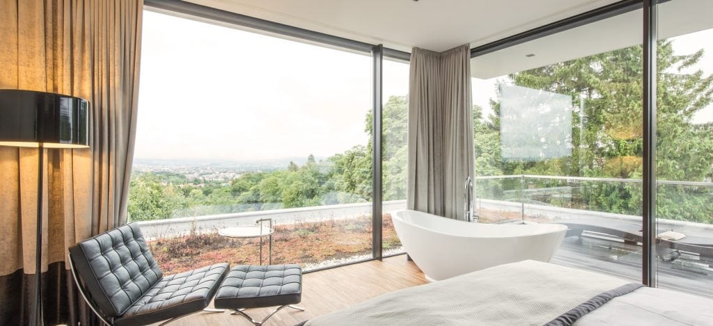 Image of a curtain wall system in a bedroom